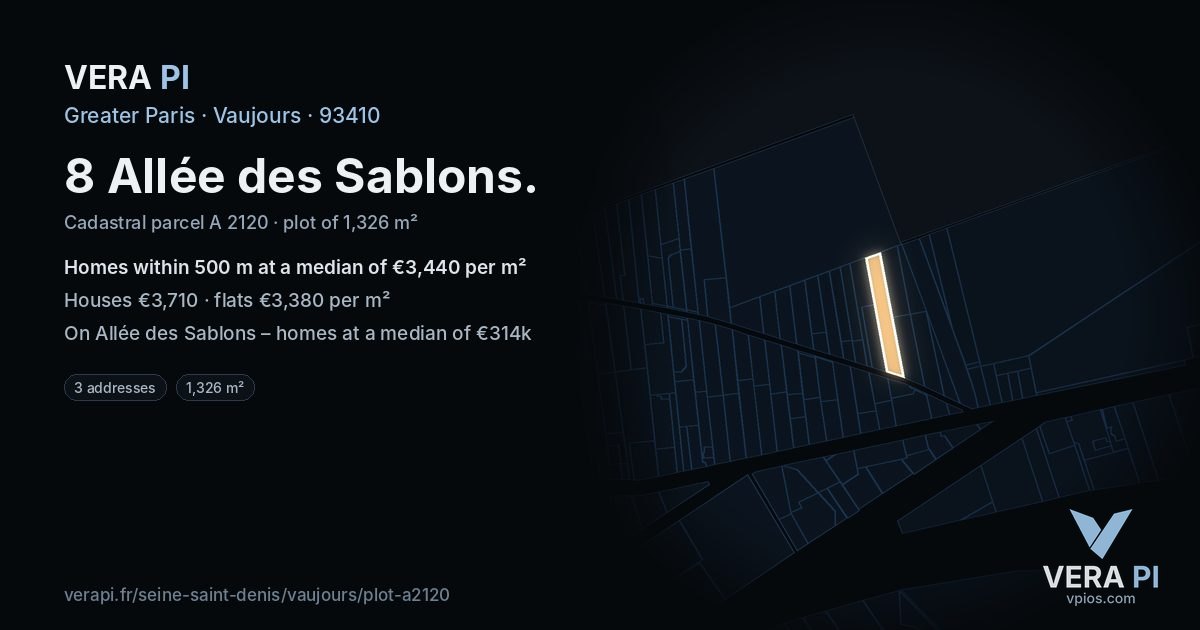 8 Allée des Sablons, Vaujours at night – the plot lit, the parcels around coloured by the prices near them