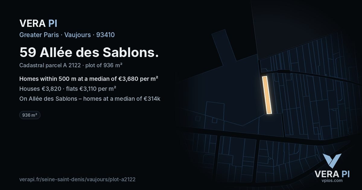 59 Allée des Sablons, Vaujours at night – the plot lit, the parcels around coloured by the prices near them
