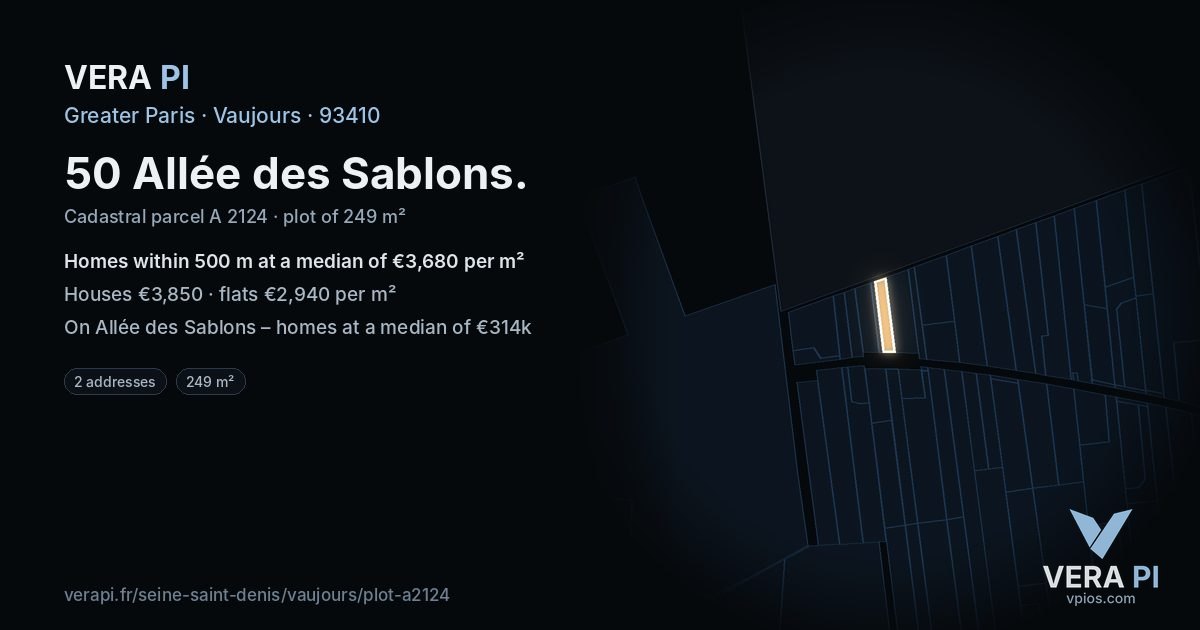 50 Allée des Sablons, Vaujours at night – the plot lit, the parcels around coloured by the prices near them