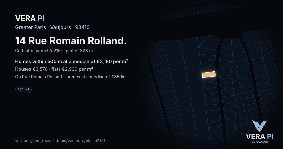 14 Rue Romain Rolland, Vaujours at night – the plot lit, the parcels around coloured by the prices near them