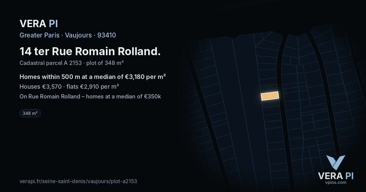 14 ter Rue Romain Rolland, Vaujours at night – the plot lit, the parcels around coloured by the prices near them