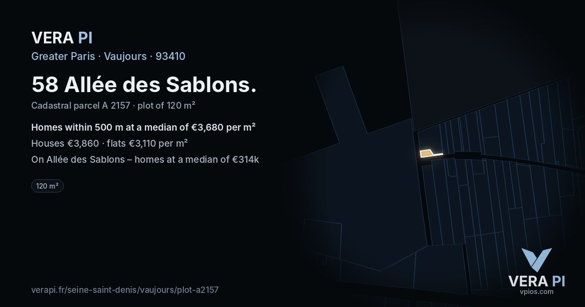 58 Allée des Sablons, Vaujours at night – the plot lit, the parcels around coloured by the prices near them