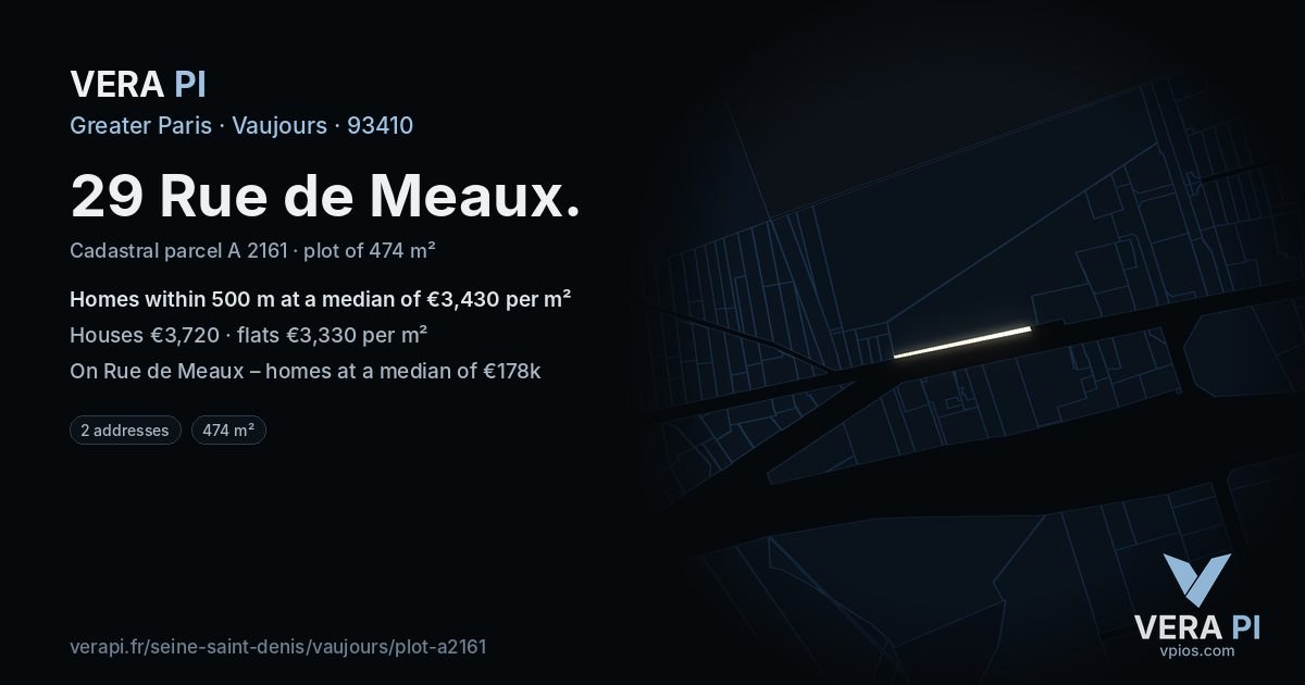 29 Rue de Meaux, Vaujours at night – the plot lit, the parcels around coloured by the prices near them