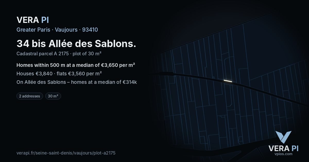 34 bis Allée des Sablons, Vaujours at night – the plot lit, the parcels around coloured by the prices near them