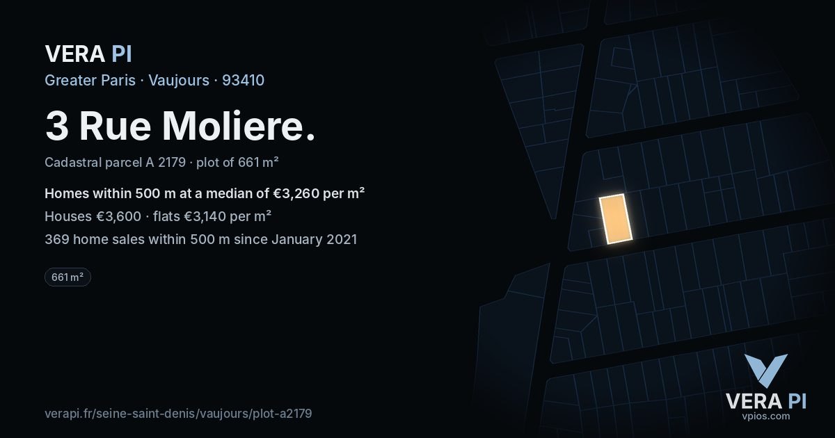 3 Rue Moliere, Vaujours at night – the plot lit, the parcels around coloured by the prices near them
