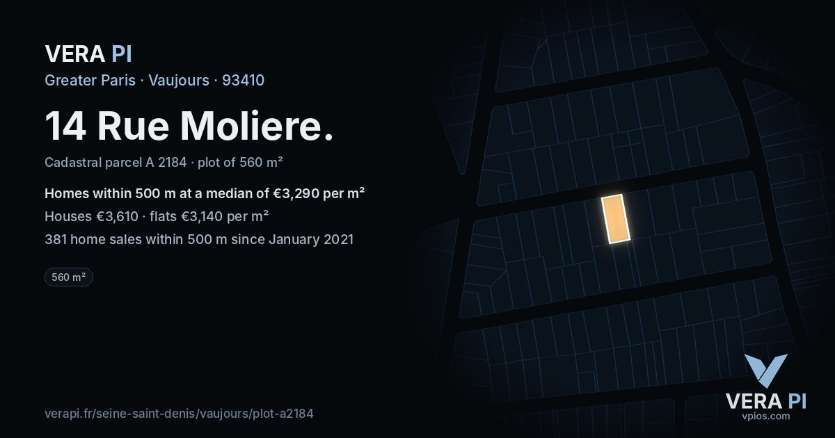 14 Rue Moliere, Vaujours at night – the plot lit, the parcels around coloured by the prices near them