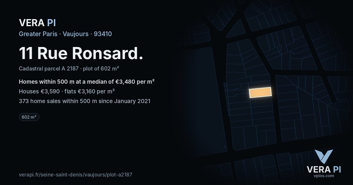 11 Rue Ronsard, Vaujours at night – the plot lit, the parcels around coloured by the prices near them