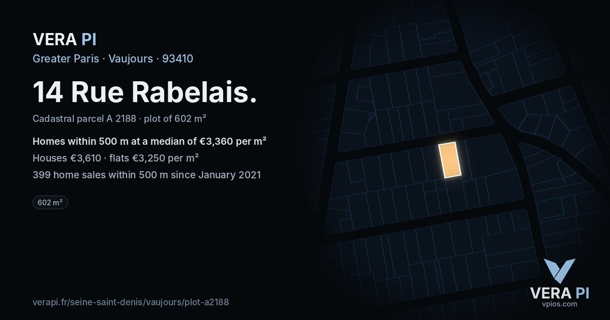 14 Rue Rabelais, Vaujours at night – the plot lit, the parcels around coloured by the prices near them