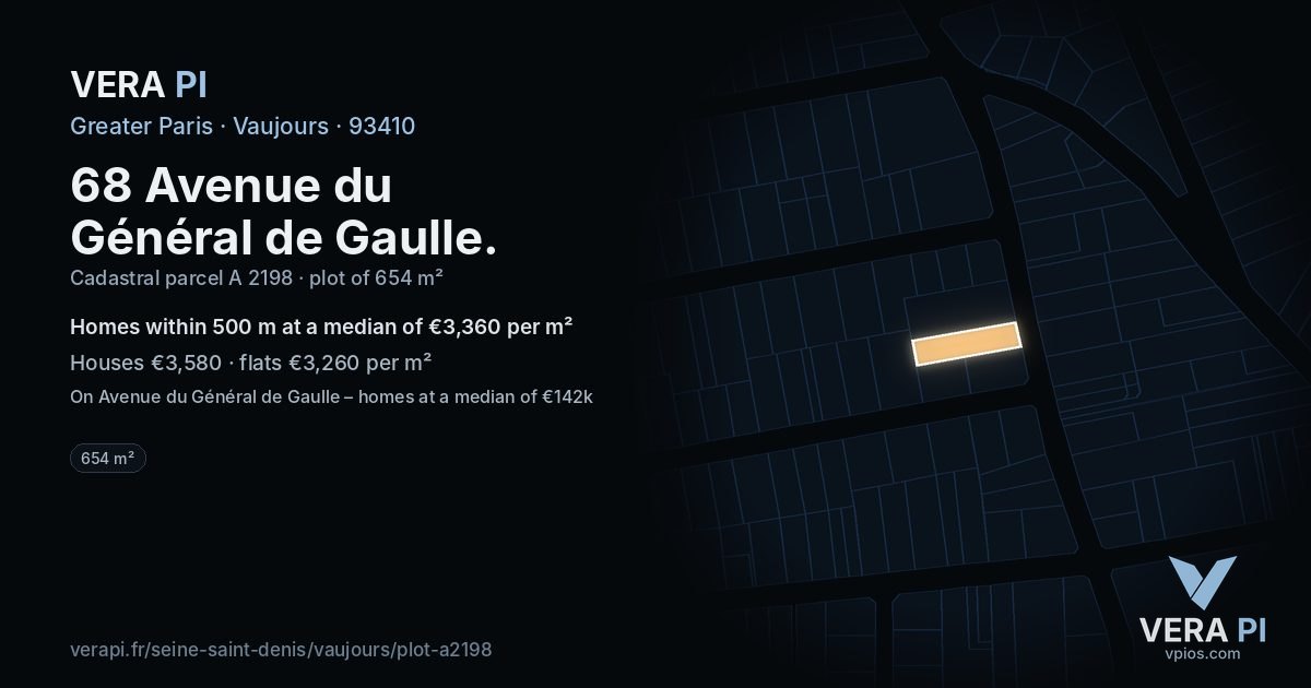 68 Avenue du Général de Gaulle, Vaujours at night – the plot lit, the parcels around coloured by the prices near them
