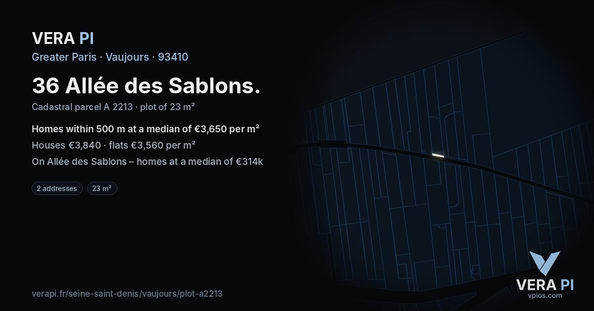 36 Allée des Sablons, Vaujours at night – the plot lit, the parcels around coloured by the prices near them