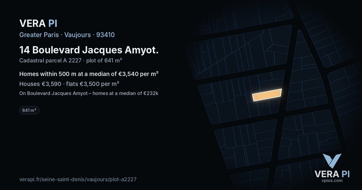 14 Boulevard Jacques Amyot, Vaujours at night – the plot lit, the parcels around coloured by the prices near them