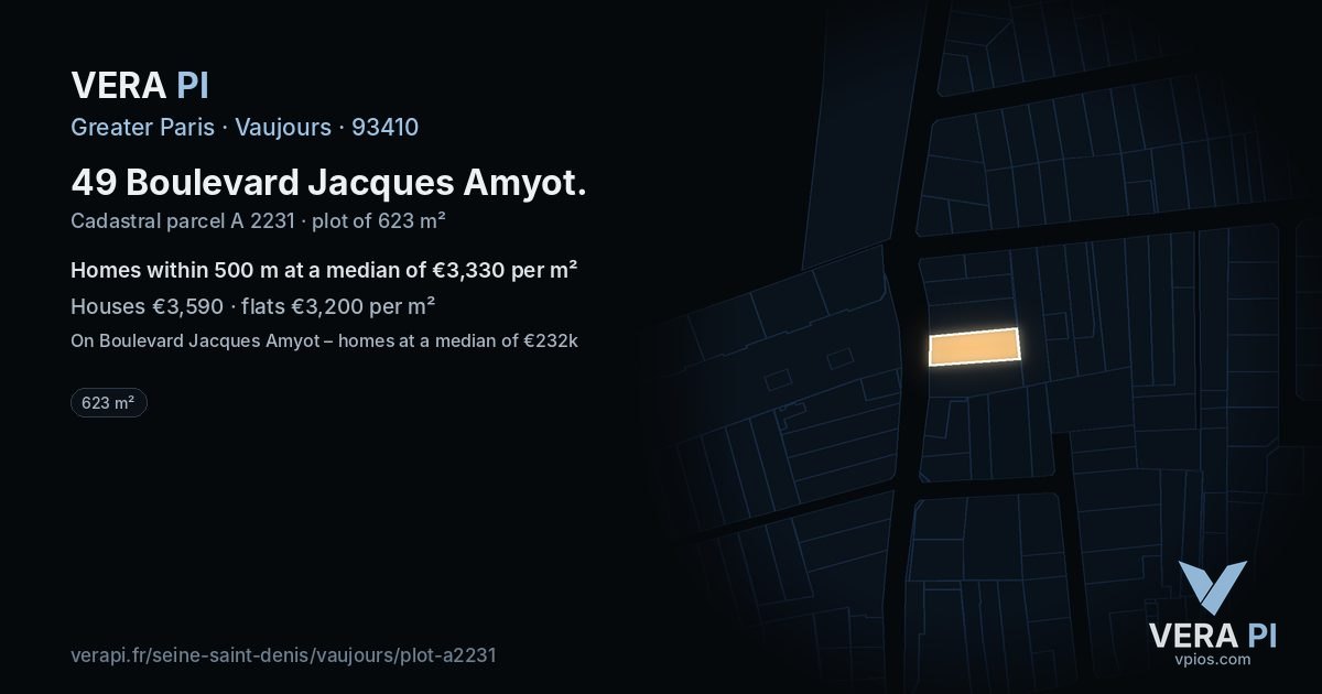49 Boulevard Jacques Amyot, Vaujours at night – the plot lit, the parcels around coloured by the prices near them