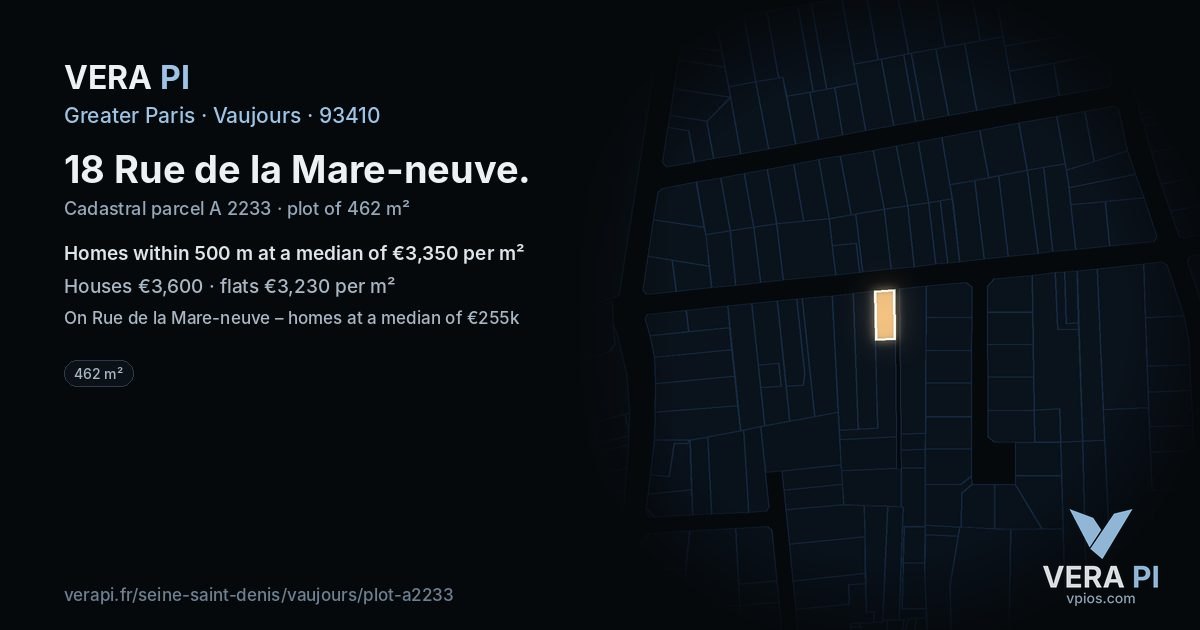 18 Rue de la Mare-neuve, Vaujours at night – the plot lit, the parcels around coloured by the prices near them