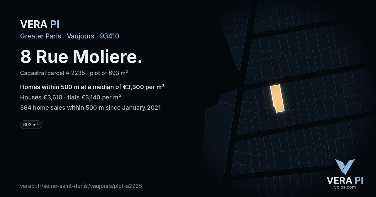 8 Rue Moliere, Vaujours at night – the plot lit, the parcels around coloured by the prices near them
