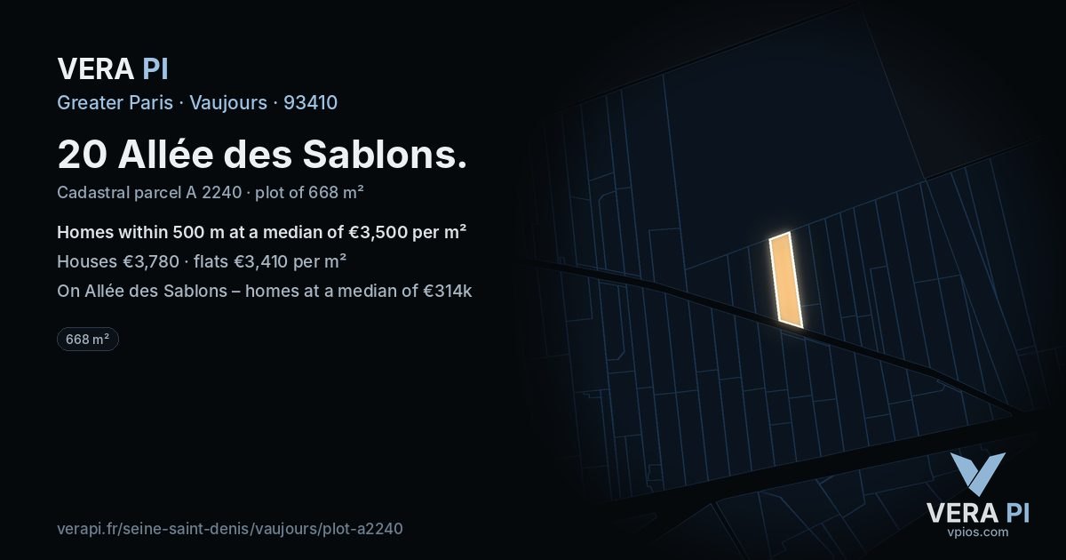 20 Allée des Sablons, Vaujours at night – the plot lit, the parcels around coloured by the prices near them