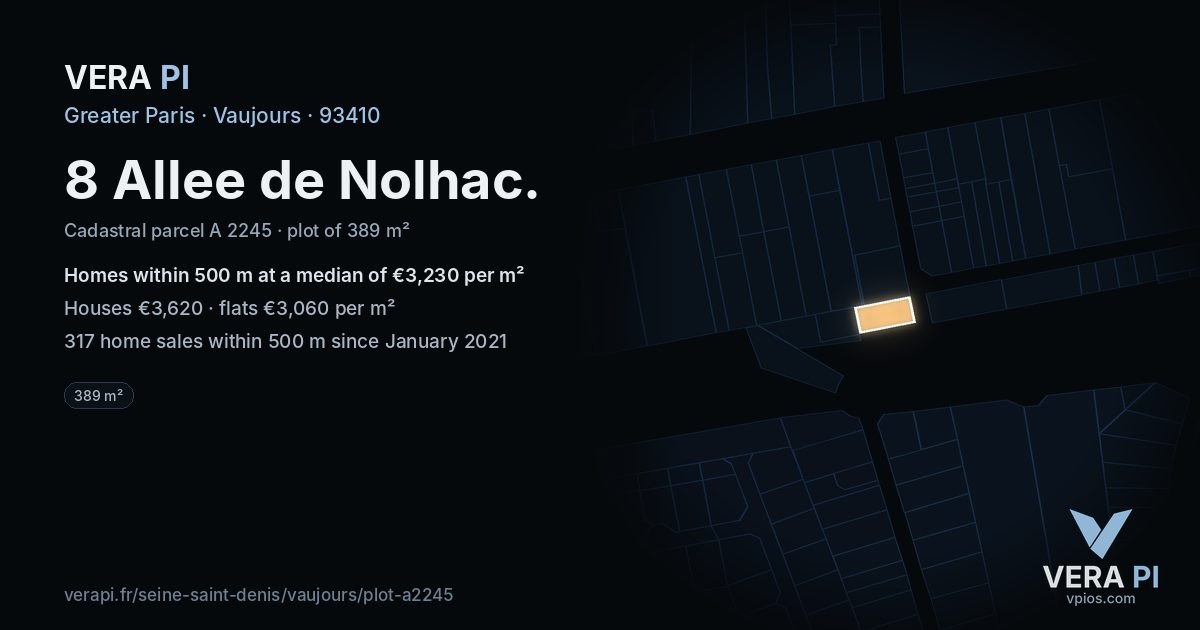 8 Allee de Nolhac, Vaujours at night – the plot lit, the parcels around coloured by the prices near them