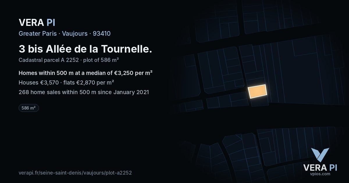 3 bis Allée de la Tournelle, Vaujours at night – the plot lit, the parcels around coloured by the prices near them