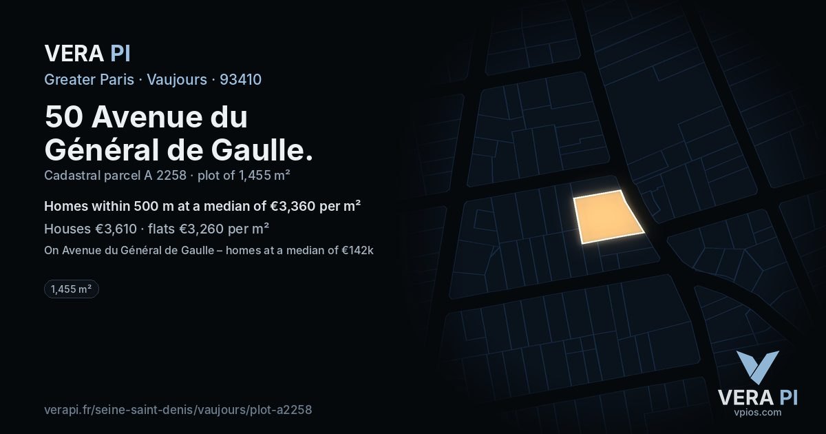 50 Avenue du Général de Gaulle, Vaujours at night – the plot lit, the parcels around coloured by the prices near them