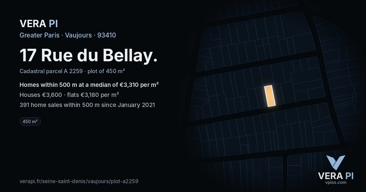 17 Rue du Bellay, Vaujours at night – the plot lit, the parcels around coloured by the prices near them