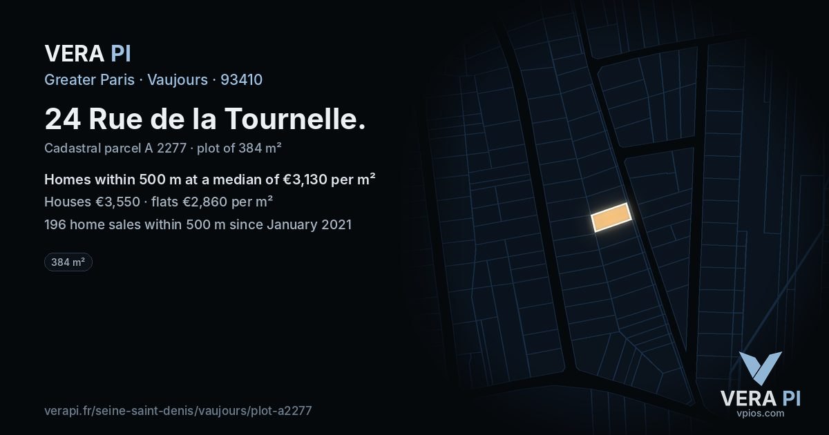 24 Rue de la Tournelle, Vaujours at night – the plot lit, the parcels around coloured by the prices near them