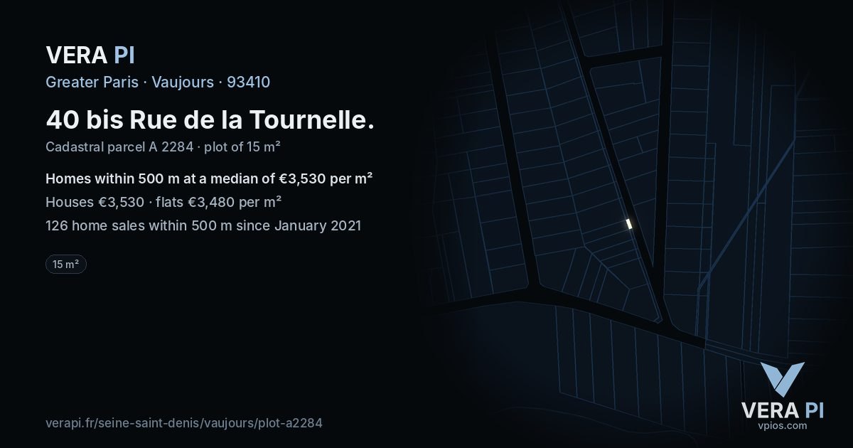 40 bis Rue de la Tournelle, Vaujours at night – the plot lit, the parcels around coloured by the prices near them