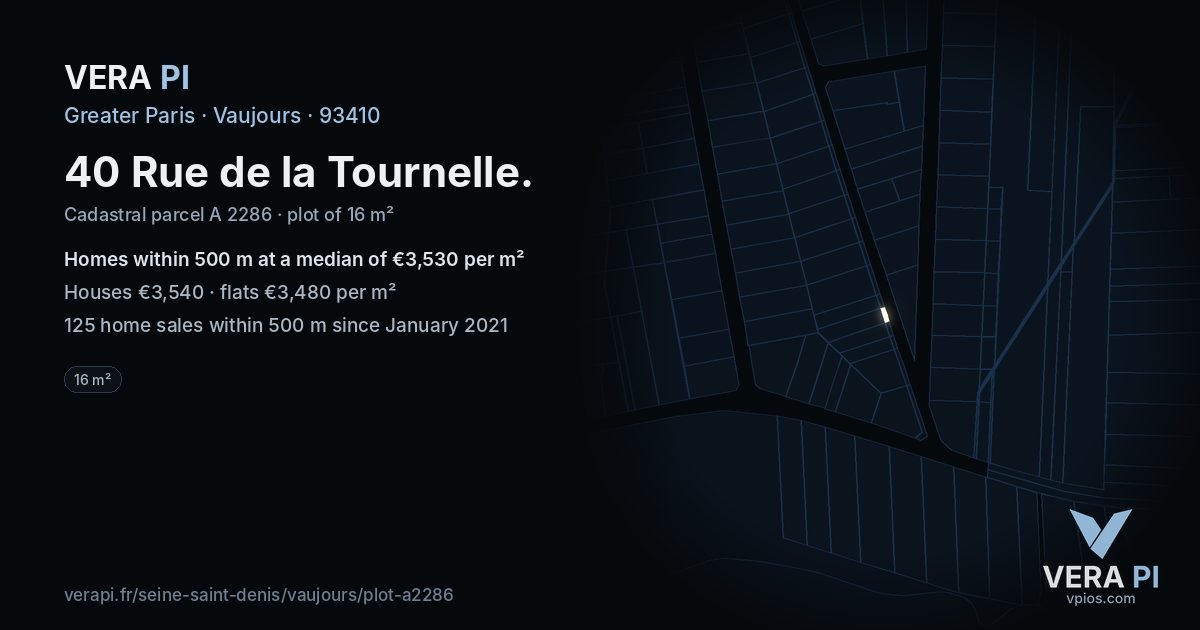 40 Rue de la Tournelle, Vaujours at night – the plot lit, the parcels around coloured by the prices near them