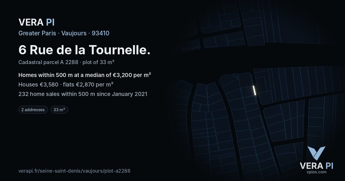 6 Rue de la Tournelle, Vaujours at night – the plot lit, the parcels around coloured by the prices near them