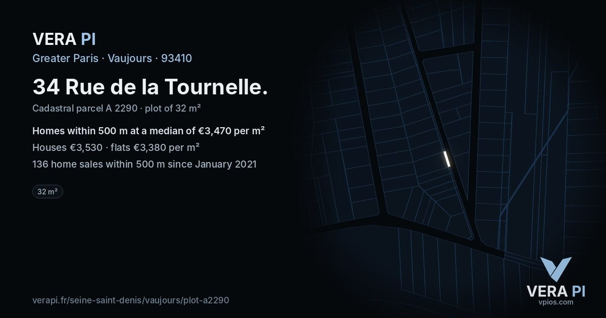 34 Rue de la Tournelle, Vaujours at night – the plot lit, the parcels around coloured by the prices near them