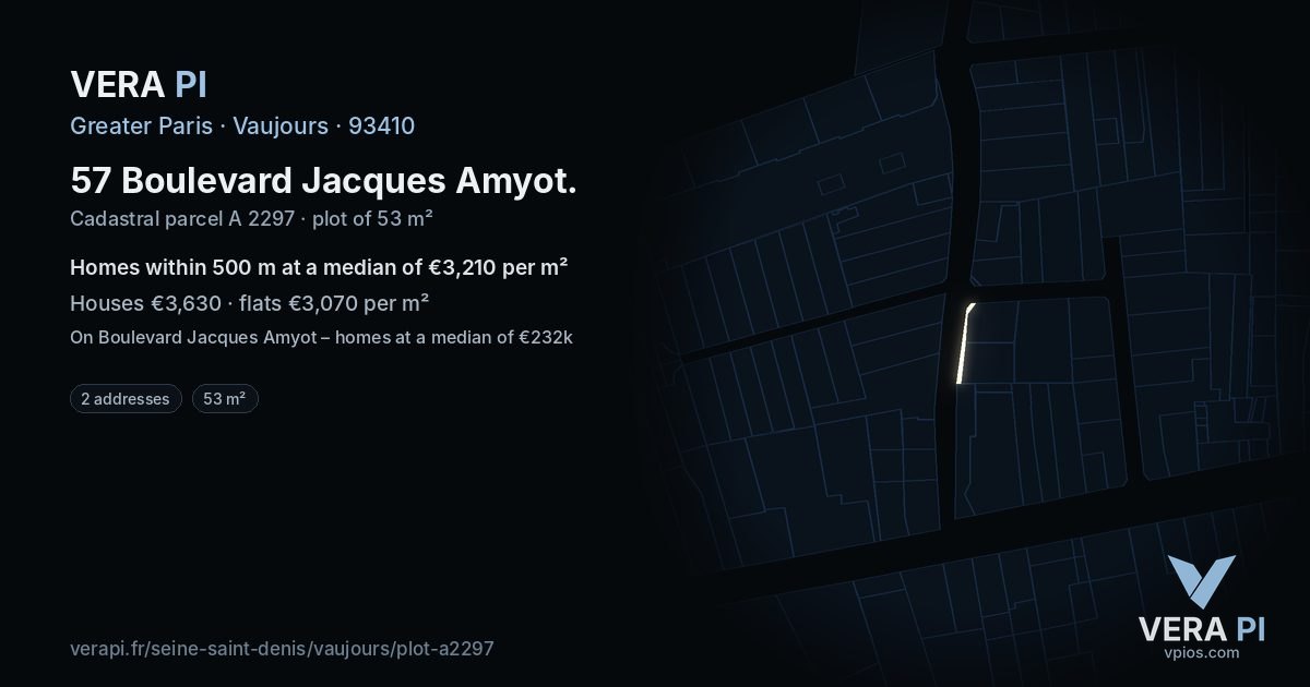 57 Boulevard Jacques Amyot, Vaujours at night – the plot lit, the parcels around coloured by the prices near them