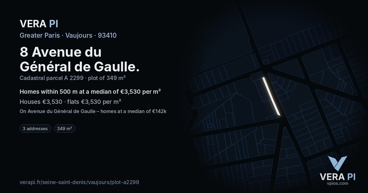 8 Avenue du Général de Gaulle, Vaujours at night – the plot lit, the parcels around coloured by the prices near them