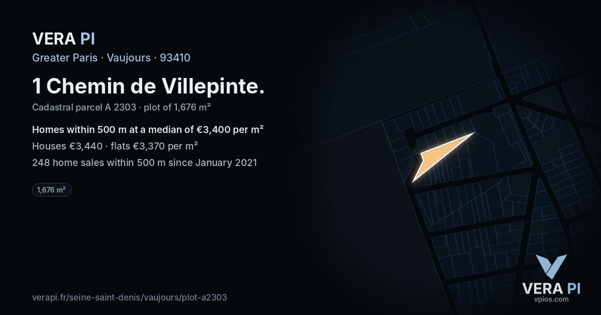 1 Chemin de Villepinte, Vaujours at night – the plot lit, the parcels around coloured by the prices near them