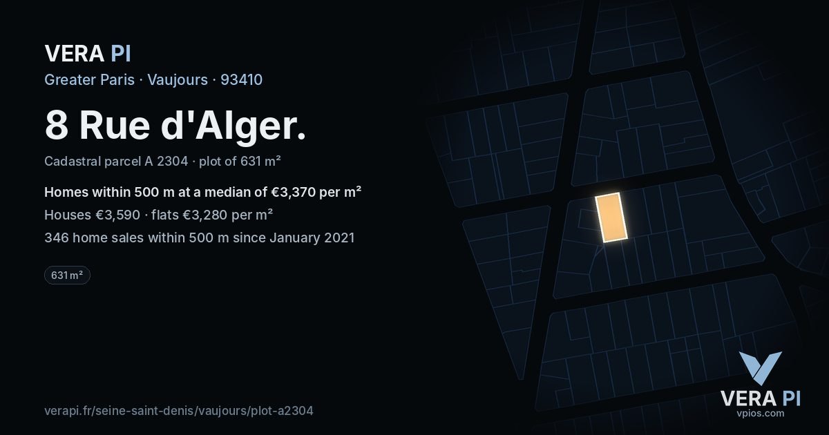 8 Rue d'Alger, Vaujours at night – the plot lit, the parcels around coloured by the prices near them