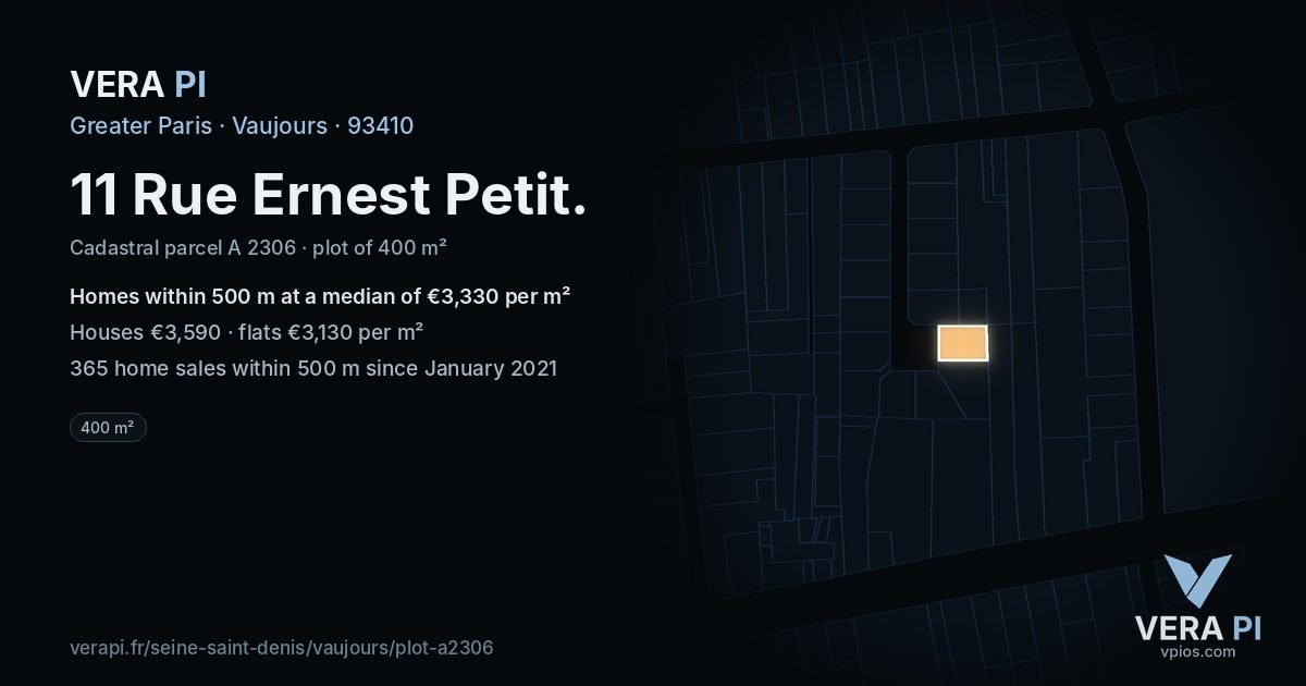 11 Rue Ernest Petit, Vaujours at night – the plot lit, the parcels around coloured by the prices near them