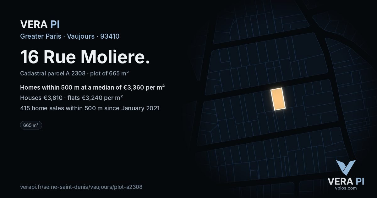 16 Rue Moliere, Vaujours at night – the plot lit, the parcels around coloured by the prices near them