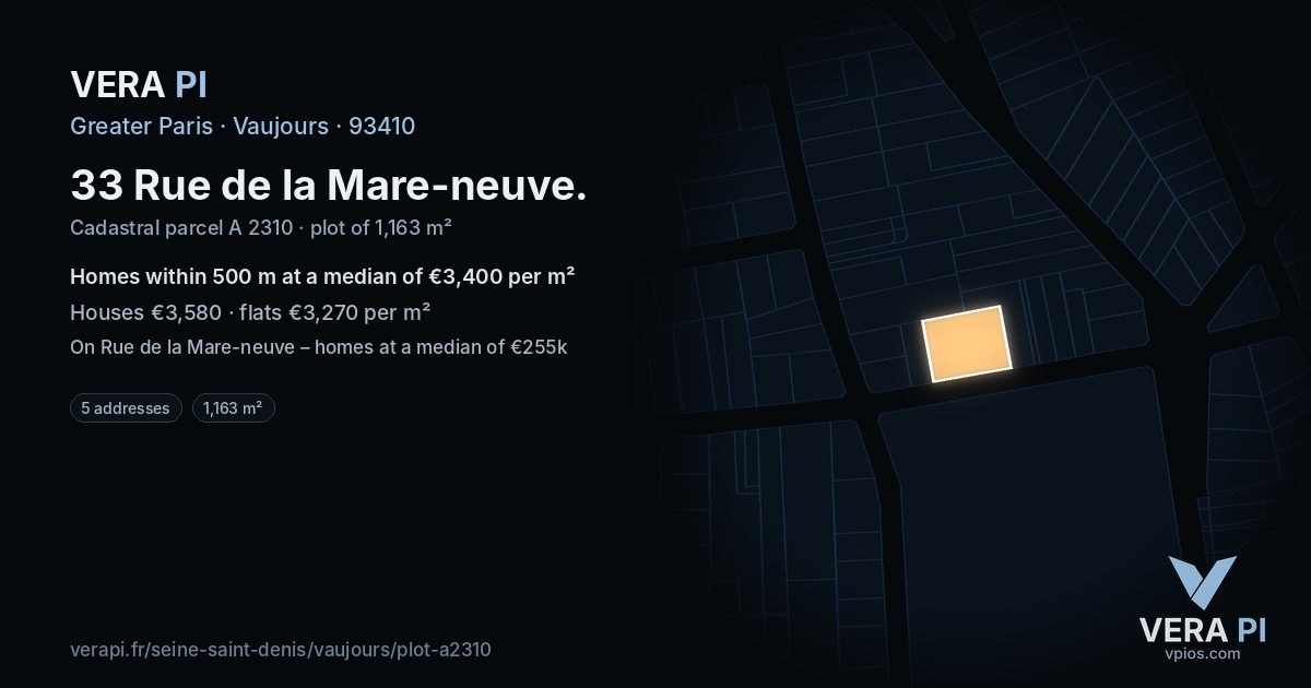 33 Rue de la Mare-neuve, Vaujours at night – the plot lit, the parcels around coloured by the prices near them