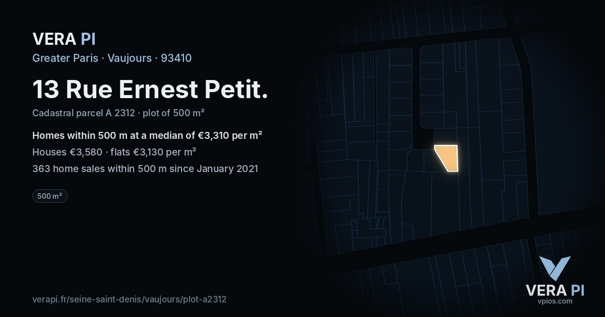 13 Rue Ernest Petit, Vaujours at night – the plot lit, the parcels around coloured by the prices near them