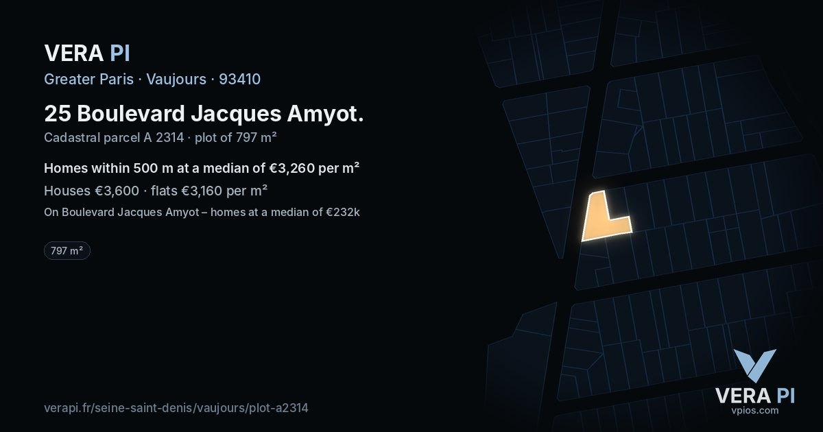 25 Boulevard Jacques Amyot, Vaujours at night – the plot lit, the parcels around coloured by the prices near them