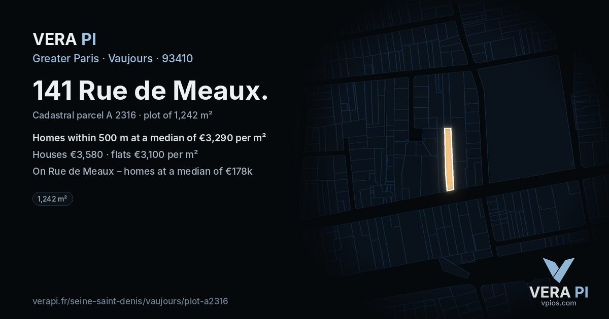 141 Rue de Meaux, Vaujours at night – the plot lit, the parcels around coloured by the prices near them