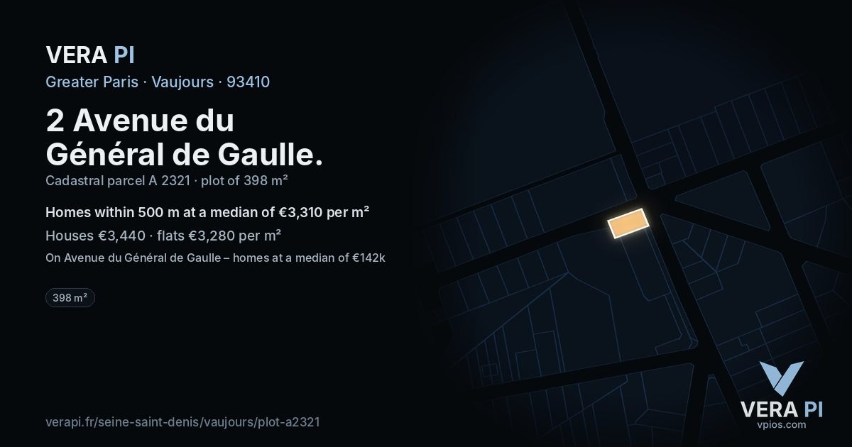 2 Avenue du Général de Gaulle, Vaujours at night – the plot lit, the parcels around coloured by the prices near them