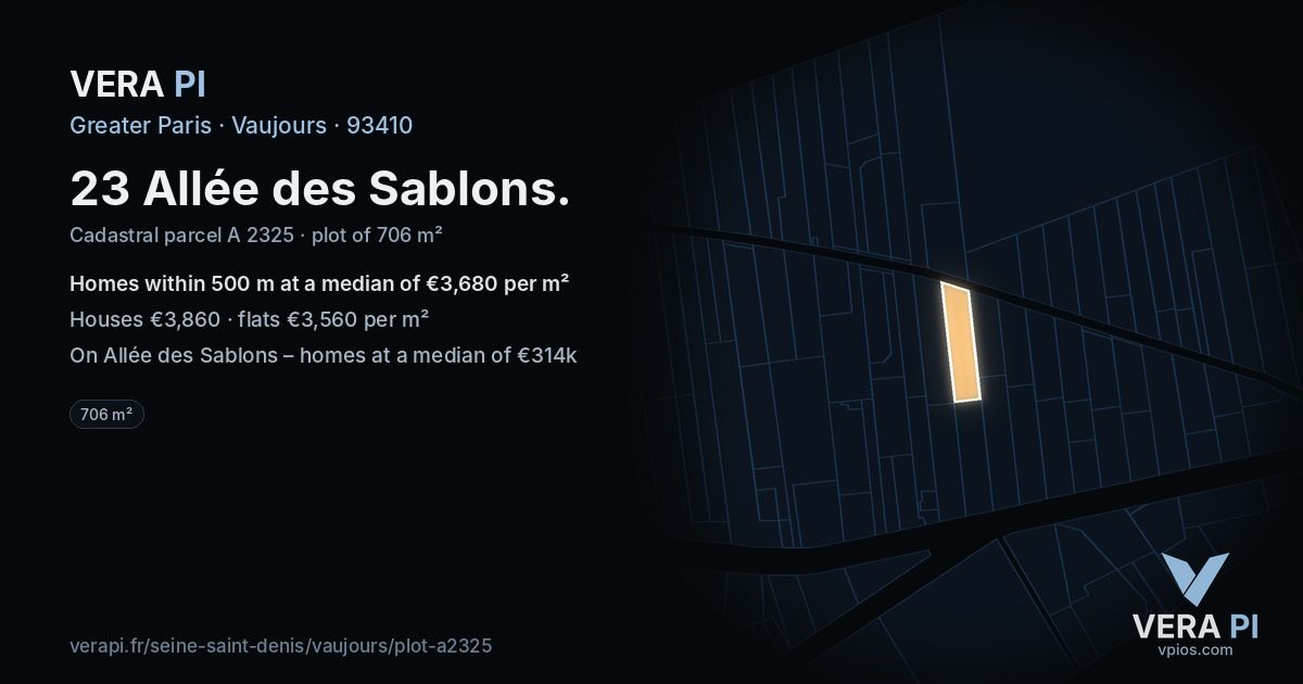 23 Allée des Sablons, Vaujours at night – the plot lit, the parcels around coloured by the prices near them