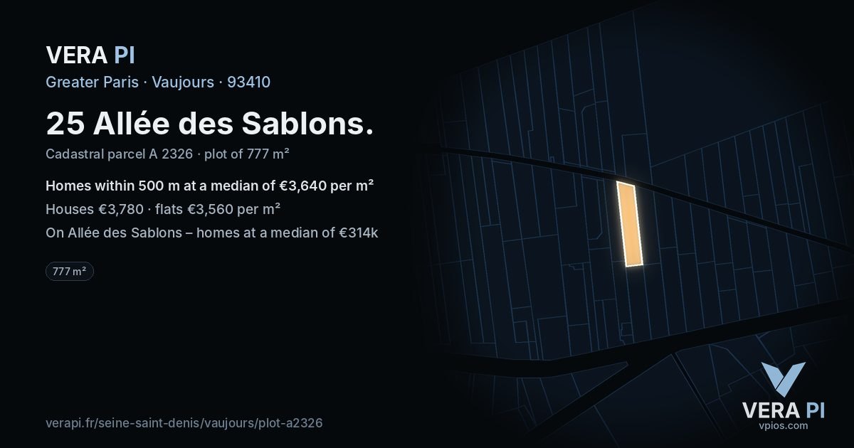 25 Allée des Sablons, Vaujours at night – the plot lit, the parcels around coloured by the prices near them