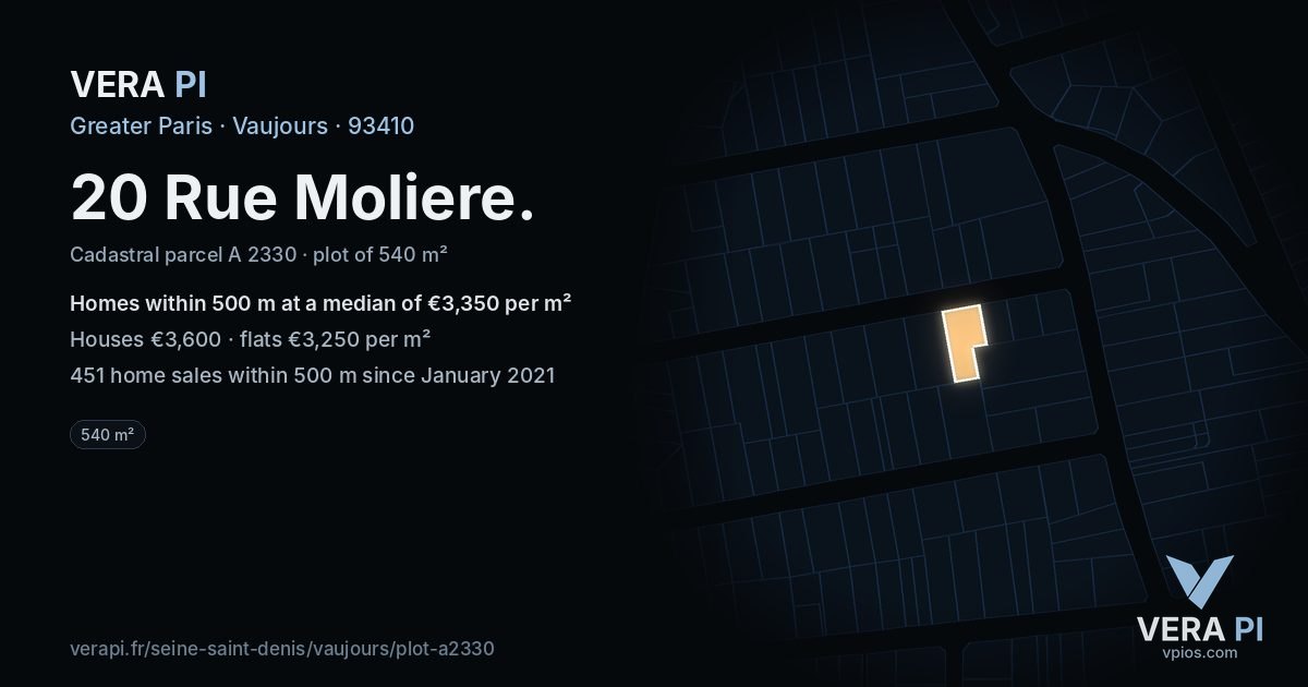 20 Rue Moliere, Vaujours at night – the plot lit, the parcels around coloured by the prices near them