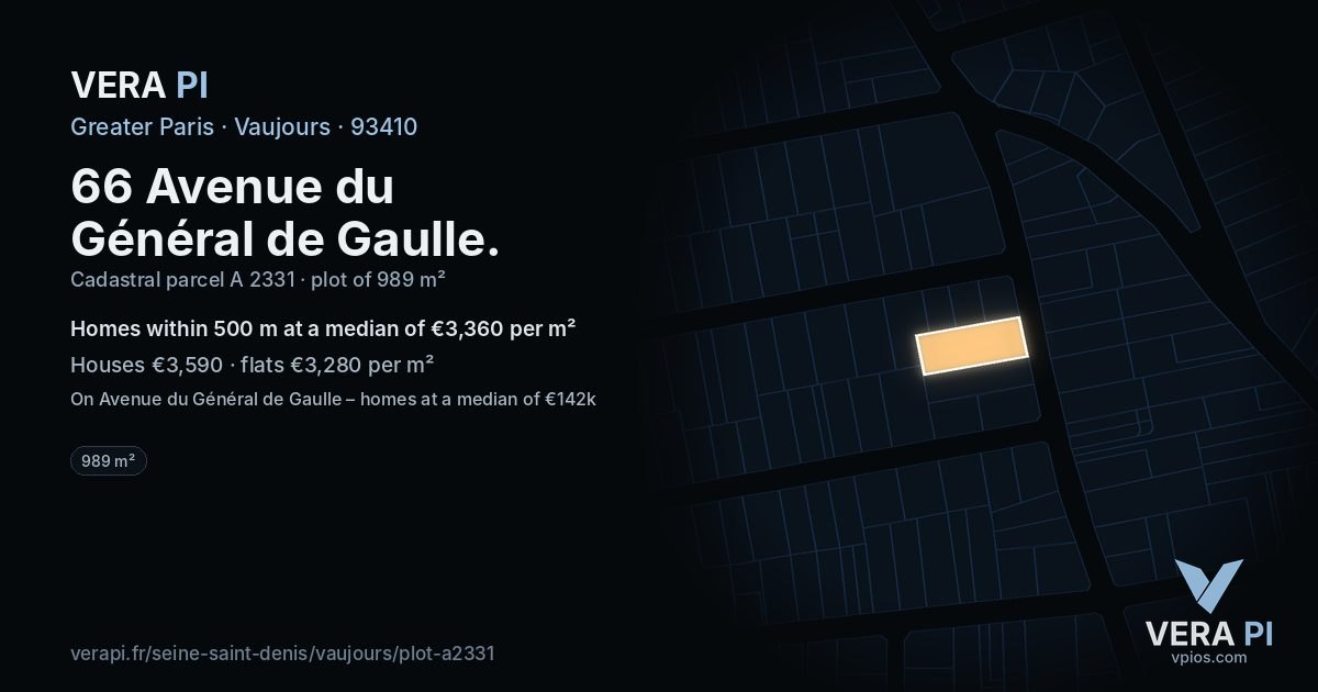 66 Avenue du Général de Gaulle, Vaujours at night – the plot lit, the parcels around coloured by the prices near them