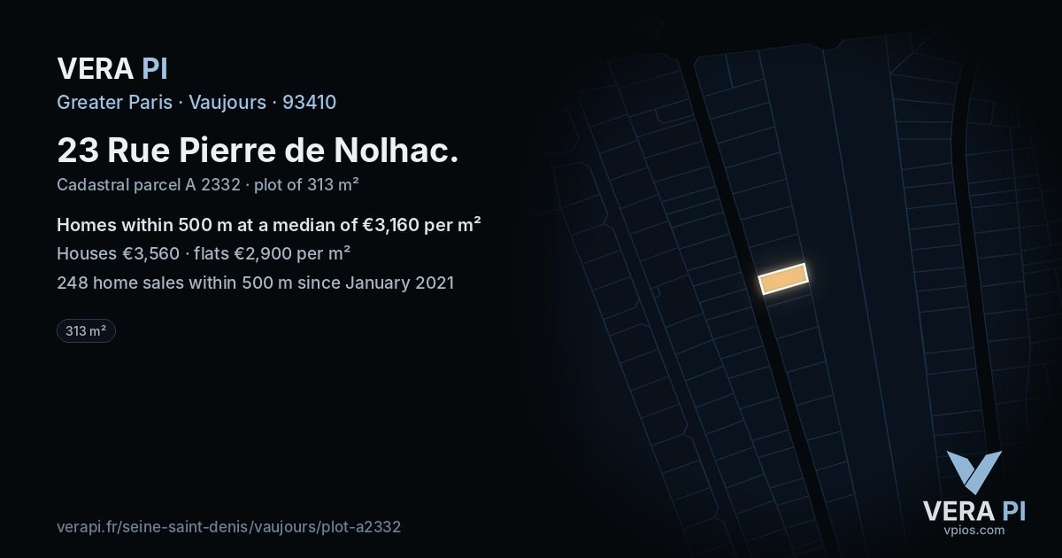 23 Rue Pierre de Nolhac, Vaujours at night – the plot lit, the parcels around coloured by the prices near them
