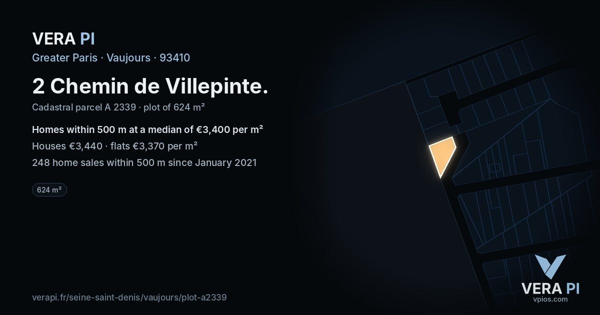 2 Chemin de Villepinte, Vaujours at night – the plot lit, the parcels around coloured by the prices near them