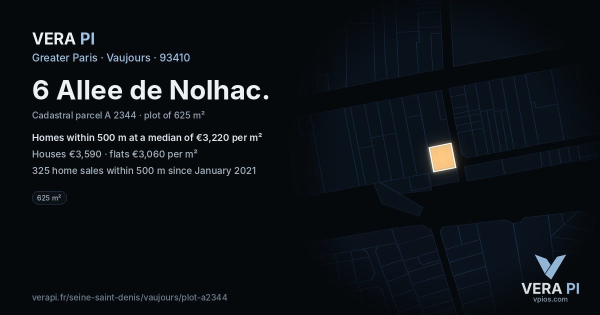 6 Allee de Nolhac, Vaujours at night – the plot lit, the parcels around coloured by the prices near them