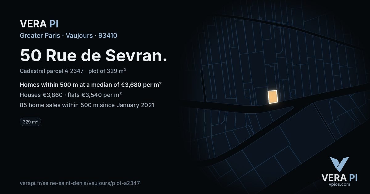 50 Rue de Sevran, Vaujours at night – the plot lit, the parcels around coloured by the prices near them