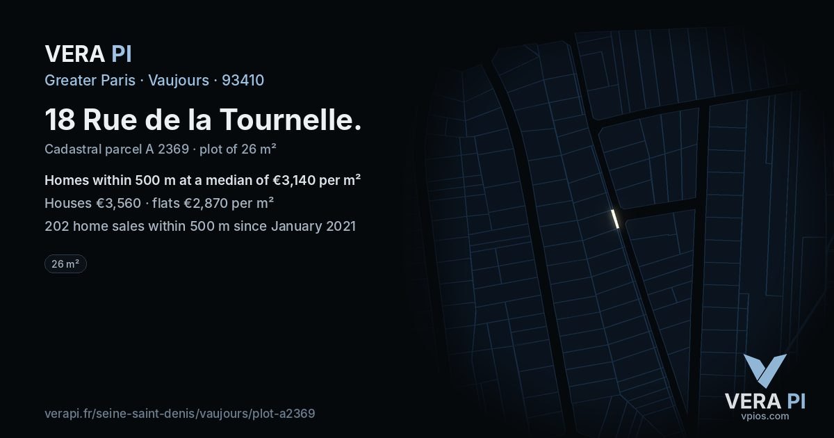 18 Rue de la Tournelle, Vaujours at night – the plot lit, the parcels around coloured by the prices near them