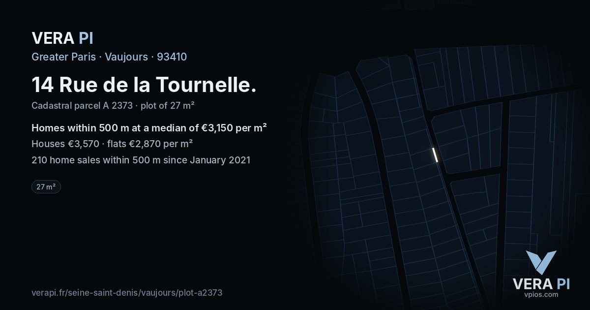 14 Rue de la Tournelle, Vaujours at night – the plot lit, the parcels around coloured by the prices near them