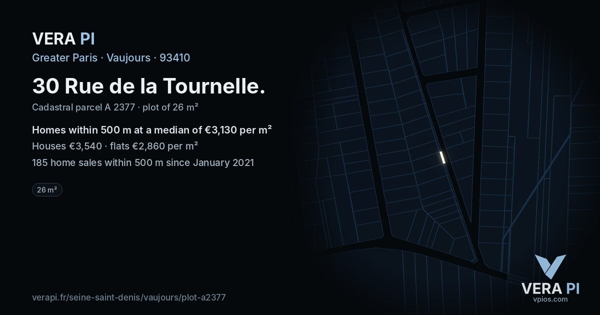 30 Rue de la Tournelle, Vaujours at night – the plot lit, the parcels around coloured by the prices near them